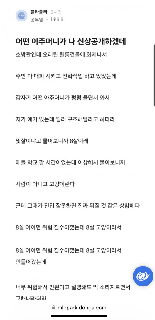 인터넷 커뮤니티에 올라 온 소방관의 사연.[엠엘비파크 캡처]