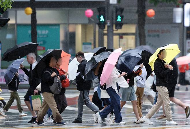 석가탄신일이자 스승의날인 오는 15일 전국에 비가 내릴 전망이다. 사진은 지난 11일 오후 서울 종로구 도심을 지나며 강한 바람에 위태로운 모양의 우산에 의지한 채 발걸음을 재촉하고 있는 시민들. /사진= 뉴스1