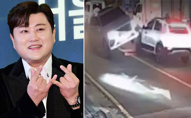김호중(왼쪽)의 차량이 택시와 충돌한 당시 CCTV 화면. 사진 출처=SBS 보도화면 캡처