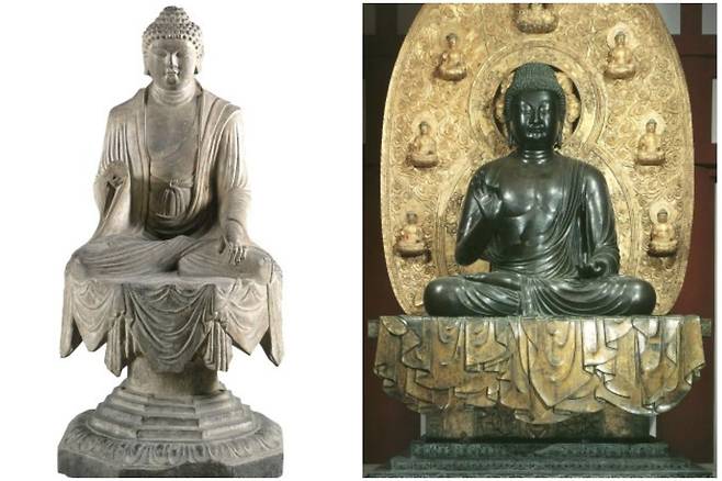 왼쪽은 중국 산시성에서 출토된 석조여래좌상(710년), 오른쪽은 일본 나라 야쿠시지 금동약사여래좌상(718년경). /민병찬 전 국립중앙박물관장