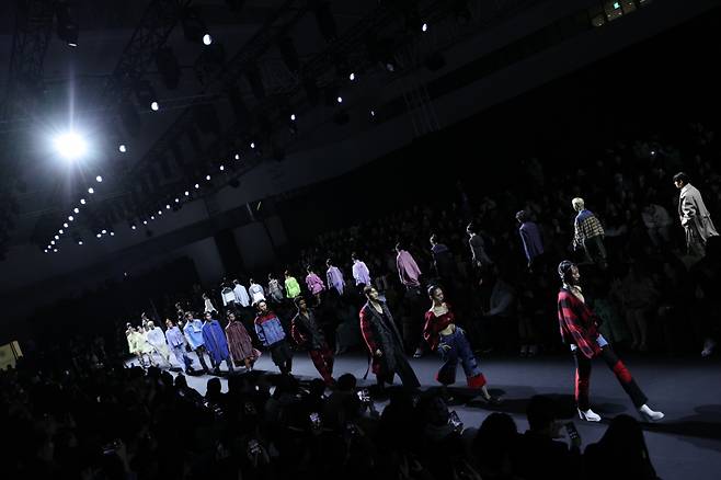 Models wear creations for KwakHyunJoo Collection as part of the Fall-Winter 2024 Seoul Fashion Week at Dongdaemun Design Plaza in Seoul on Sunday. (Seoul City)