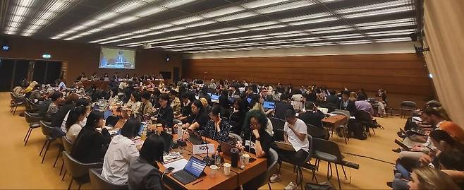 지난 14일(현지시간) 스위스 제네바 유엔 제네바사무소에서 유엔 여성차별철폐위원회(CEDAW)의 한국 여성 인권에 관한 심의가 진행되고 있다. [연합]