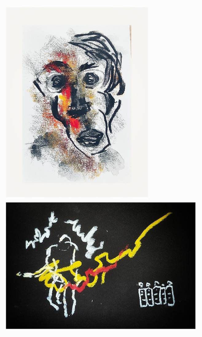 박순철 동아투위 위원이 그린 그림. 조르주 루오의 ‘미세레레’연작에 나오는 어릿광대의 얼굴을 모사했다(위쪽 그림). 아래는 동아투위 친구 윤석봉의 사진들에서 이미지를 빌린 ‘촛불의 강’. /박순철 제공