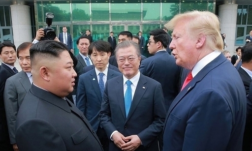 2019년 6월 판문점에서 ‘깜짝’ 만남을 가진 김정은 북한 국무위원장, 당시 문재인 대통령, 당시 도널드 트럼프 미국 대통령(사진 왼쪽부터). 연합뉴스