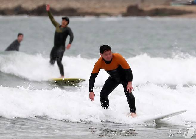 부산 해운대구 송정해수욕장에서 서퍼들이 파도를 타며 서핑을 즐기고 있는 모습 ⓒ News1 DB