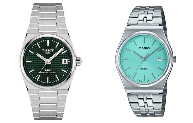 빈티지 디자인을 현대적으로 재해석한 티쏘(Tissot)의 PRX(왼쪽)와 카시오(Casio)의 MTP-B145D 모델.