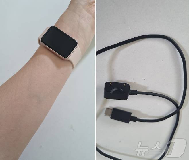 갤럭시 핏3 착용 사진(왼쪽)과 충전기 ⓒ 뉴스1