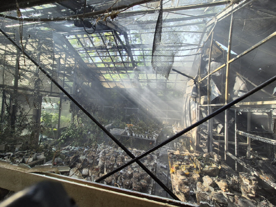 18일 오후 3시 58분쯤 충남 공주시 공주대학교 신관캠퍼스 자연과학대 내 유리온실에서 화재가 발생했다. 공주소방서 제공.