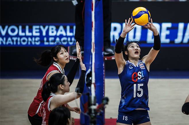 태국 여자배구 대표팀 나타니차(우)가 토스하고 있다, FIVB