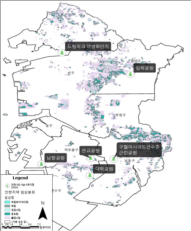 인천시 도시 숲 6개 조사지점 임상 분포도 ⓒ 인천시 제공