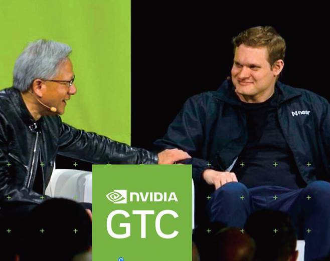 일리야 폴로수킨(오른쪽) 니어 프로토콜 대표가 지난 3월, 엔비디아의 GTC 2024 패널토의에 참여해 젠슨 황 엔비디아 최고경영자(CEO)와 대화하고 있다. 사진 니어 프로토콜