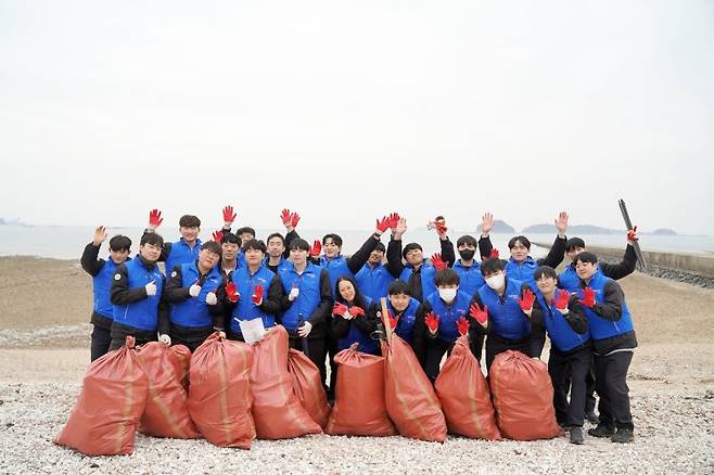 대한전선 직원들이 지난 3월 당진시 장고항 해안에서 쓰레기를 수거하고 기념촬영을 하고 있다. 대한전선 제공