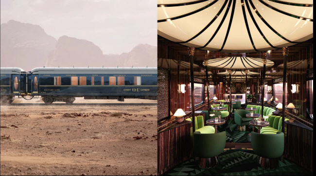 프랑스 아코르그룹은 100년 전 실제 운행했던 오리엔트 특급 열차를 개조해 2025년 선보일 예정이다. 사진은 열차 외관(왼쪽)과 바의 예상 이미지.  아코르 홈페이지