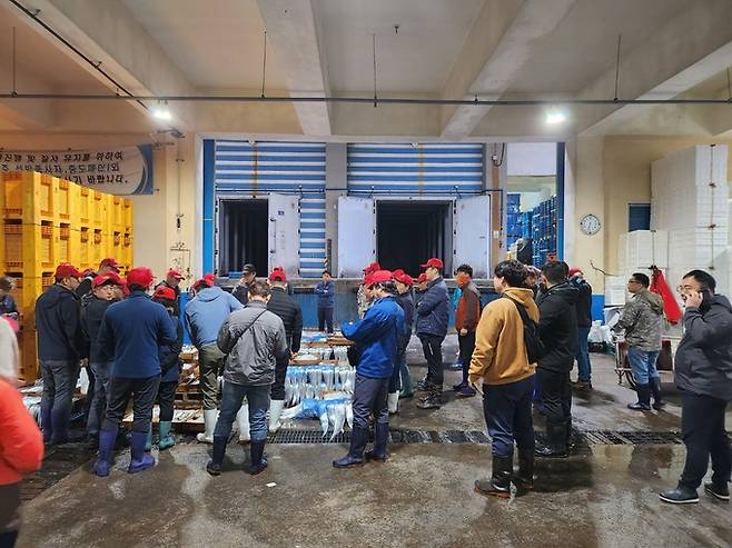 제주 성산포항에서 갈치 경매가 한창 진행되고 있다.