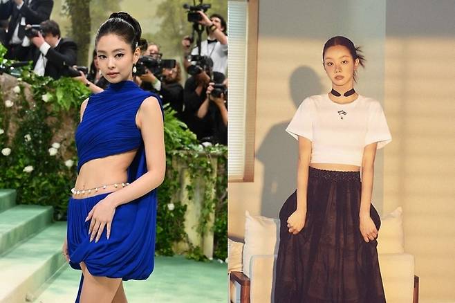 6일 진행된 멧 갈라 행사에 참여한 그룹 블랙핑크 제니. WWD 6월호 커버를 장식한 그룹 걸스데이 출신 혜리. 게티이미지. 혜리 SNS 캡쳐.