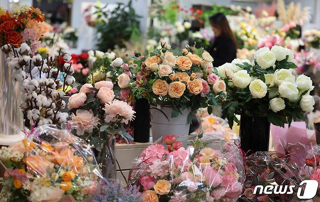서울 서초구 양재꽃시장을 찾은 시민들이 꽃을 고르고 있다. 2024.1.5/뉴스1 ⓒ News1 신웅수 기자
