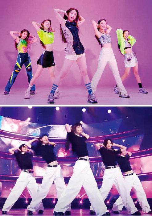 아일릿(아래)이 뉴진스(위)의 안무 등을 따라했다는 논란이 벌어졌다.