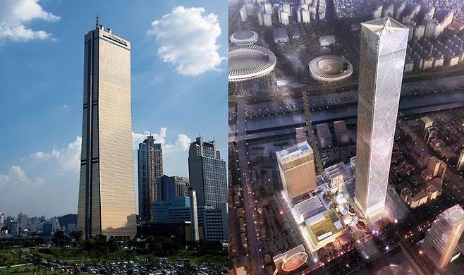 서울 여의도 63빌딩(왼쪽)과 현대차그룹의 기존 GBC 설계안에 따른 105층 빌딩을 중심으로 한 조감도. ⓒ한화생명/현대차그룹