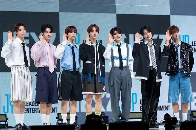 Nexz introduces debut single "Ride the Vibe" during a press conference in Seoul on Monday. (Hwang Youn-ha/ The Korea Herald)