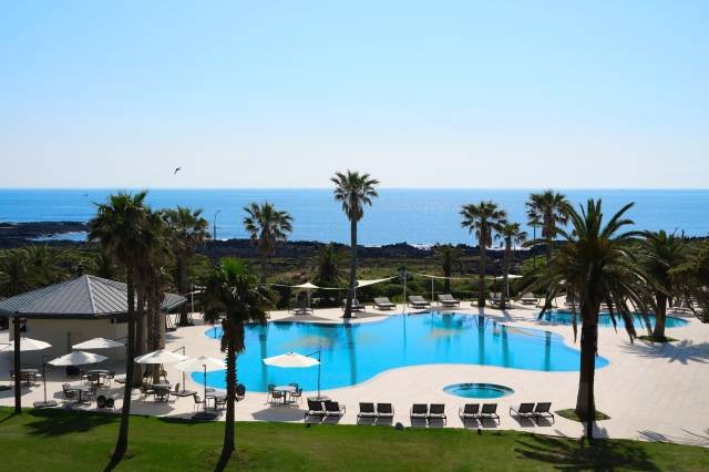 성인 전용으로 운영 예정인 해비치 리조트 제주 야외수영장. 아이 동반 투숙객들은 리조트 바로 옆 호텔 수영장을 이용할 수 있다. 성인 전용 수영장을 운영하게 된 데 대해 김민수 대표는 "가족 단위 여행객의 여름철 숙소라는 기존의 틀에서 벗어나기 위한 것"이라며 "아동친화적인 공간을 여전히 운영 중"이라고 설명했다. 해비치호텔앤드리조트 제공