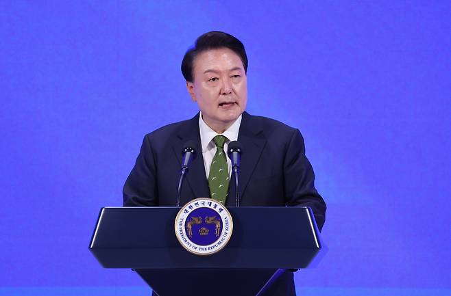 2024년 5월 22일 서울 신라호텔에서 열린 아시안리더십콘퍼런스 개회식에서 윤석열 대통령이 축사를 하고 있다. / 오종찬 기자