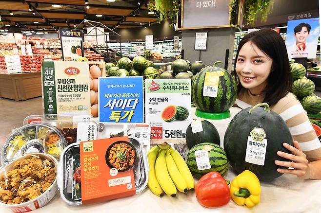 모델이 22일 서울 등촌동 '홈플러스 메가푸드마켓' 강서점에서 '물가안정 프로젝트' 행사를 소개하고 있다.