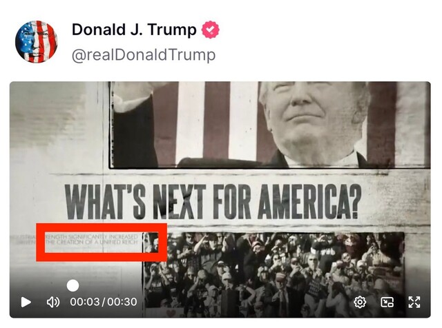 문제가 된 도널드 트럼프 미국 전 대통령의 ‘트루스소셜’ 영상. 현재는 삭제된 상태다. 조 바이든 미국 대통령 선거 캠프 엑스(X) 갈무리