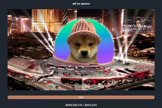 지난 3월 도그위햇 커뮤니티는 라스베이거스 스피어 돔 공연장에 WIF 로고를 게시하자고 제안했고 총 65만달러에 달하는 목표금액을 단 4일 만에 모집했다.