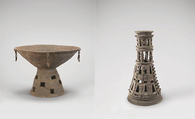 바리모양 그릇받침(5세기, 왼쪽)과 원통모양그릇받침(4세기). 호림박물관 제공