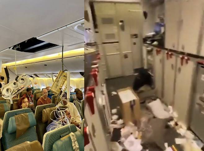 난기류로 1명이 사망한 싱가포르항공 여객기의 긴박했던 당시 상황을 담은 사진이 SNS(소셜네트워크서비스)에서 확산되고 있다./사진=X(엑스, 구 트위터)