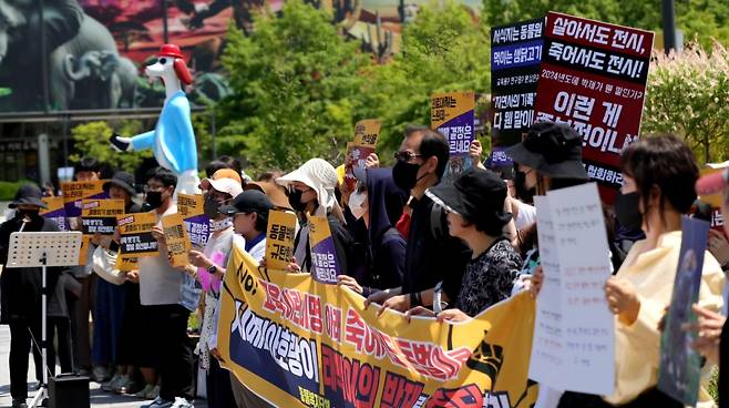 지난 경기 과천 서울대공원에서 동물 보호 단체 'PENZA' 회원 40여 명이 "시베리아 호랑이 태백이의 박제를 중단하라"는 팻말을 들고 항의 집회를 했다. /PENZA 제공