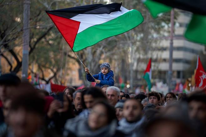 1월 20일 스페인 바르셀로나에서 열린 가자 지구의 즉각적인 휴전을 요구하는 집회에서 한 어린 아이가 팔레스타인 국기를 흔들고 있다. /AP 연합뉴스