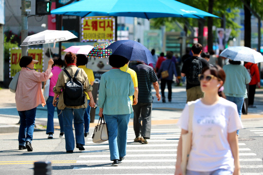 초여름 날씨를 보인 22일 대전 한 횡단 보도를 시민들이 걷고 있다. 대전일보DB.