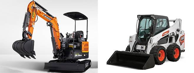 HD현대인프라코어의 건설기계 브랜드 ‘디벨론’ 굴착기(왼쪽)와 두산밥캣의 소형건설기계 ‘로더’. 각사 제공