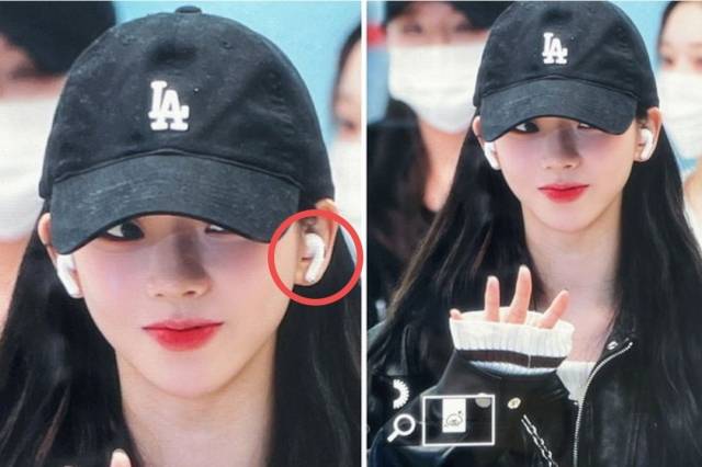 작은 얼굴 때문에 에어팟이 유독 더 커 보인다. [사진, 온라인 커뮤니티 갈무리]