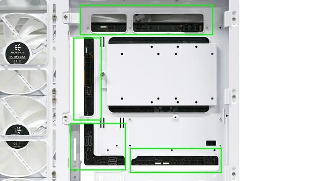 ML-420 뷰 BTF 케이스 후면의 메인보드 지지 공간. 각종 단자와 케이블이 통과할 수 있는 공간을 확보했다(녹색 테두리). (사진=한미마이크로닉스)