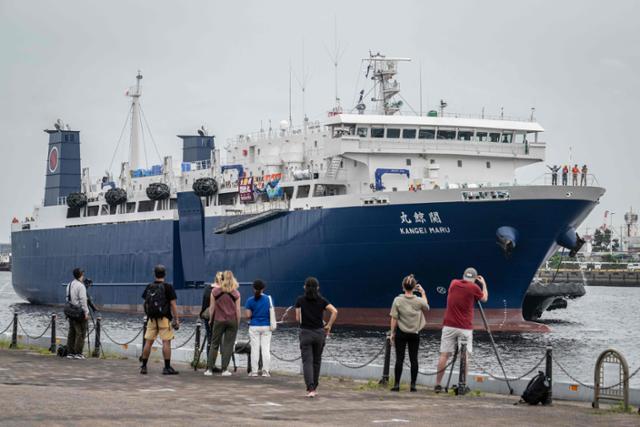 이달 23일 일본 도쿄 아리아케 부두에 도착한 대형 포경 선박 간게이 마루. 도쿄=AFP 연합뉴스
