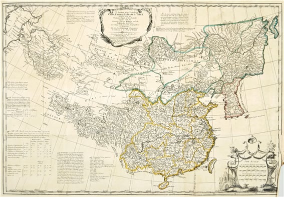 두 할데(Jean-Baptiste Du Halde, 1674-1743)의 <<중국 및 중국-타르타이 제국에 관한 묘사>>에 실린 중국 및 인근 국가 지도