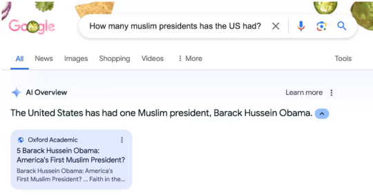 구글 AI가 오바마는 무슬림 대통령이라고 답한 화면 캡처.