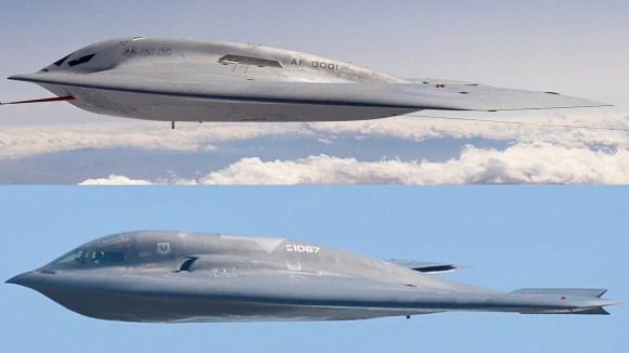 B-21 레이더(사진 위)와  B-2 스피릿의 비행 비교 사진. 두 기체가 매우 유사하다.