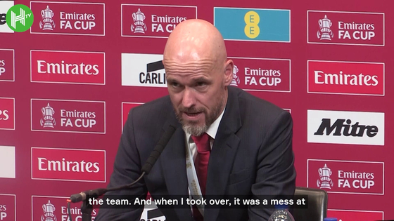 Manchester United manager Erik ten Hag speaks after winning the FA Cup on Saturday. [ONE FOOTBALL]