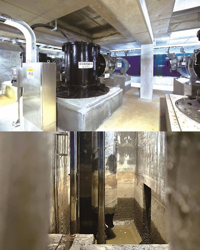 (위)펌프실 -  오정빗물펌프장 지하 1층 펌프실. 끌어올린 빗물을 수평으로 누운 파란색 하수관에 모아 인근 하천인 베르네천으로 보낸다, (아래)펌프하단 - 오정빗물펌프장 펌프실의 펌프 하단은 지하 3층 저류조까지 이어져 있다. 과학동아 제공