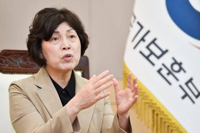 강정애 국가보훈부 장관이 23일 서울 용산구 서울지방보훈청에서 본보 인터뷰를 갖고 "윤석열 대통령께 부담이 되더라도 민주유공자법 거부권 행사를 반드시 건의드릴 것"이라고 강조했다. 신용주 인턴기자