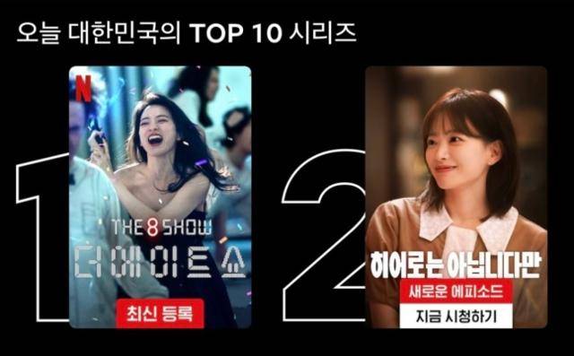 천우희가 출연한 넷플릭스 드라마 ‘더 에이트 쇼’와 JTBC 드라마 ‘히어로는 아닙니다만’이 지난 22일 넷플릭스 국내 톱 10 시리즈 부문 1, 2위를 기록했다. 넷플릭스 캡처