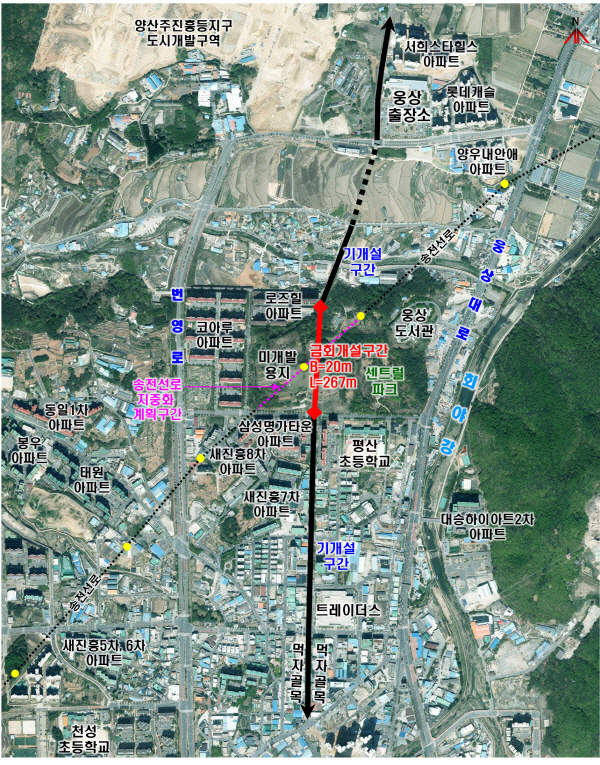 양산 웅상센트럴파크 고압송전탑 이설 예정지 등 약도. 양산시 제공