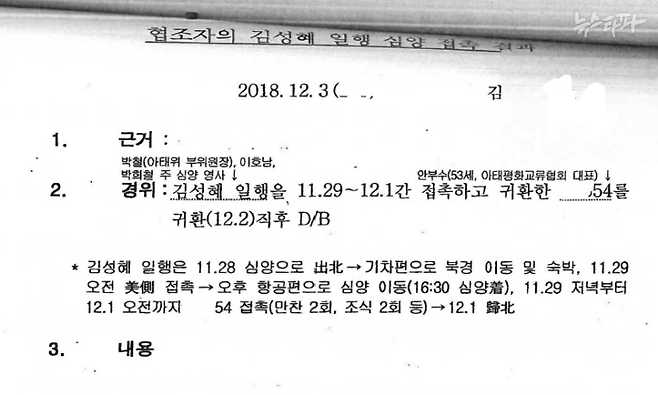 2018년 12월 3일자 국정원 보고서 1쪽. 이호남과 김성혜 등을 만나고 돌아온 협조자 안부수 아태협 회장이 보고한 내용을 적었다. 작성자는 지난해 법정 증인으로 출석한 블랙요원 김 씨다.