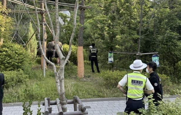 경기 성남의 한 아파트단지에서 흰색 풍선을 목격했다는 신고에 출동한 경찰과 군 관계짜들이 나서 조사하고 있다. [이미지출처=온라인 커뮤티니 캡처]