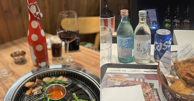 서울 시내 용산구에 위치한 와인 콜키지 프리 식당(왼쪽)과 소주 콜키지 프리 서비스를 제공하고 있는 압구정의 한 패스트푸드점.