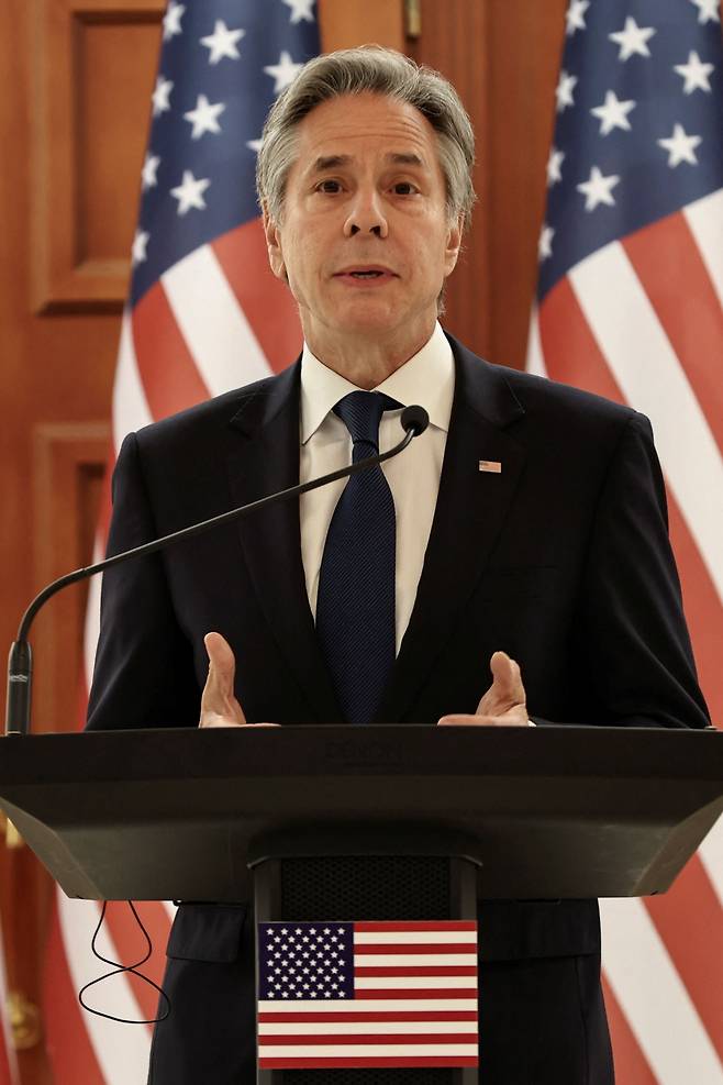 앤서니 블링큰 미국 국무부 부장관이 2024년 5월 30일 몰도바 치시나우에서 마이아 산두 몰도바 대통령과 회담 후 기자회견에 참석하고 있다. /로이터 연합뉴스