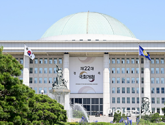 제22대 국회 개원을 하루 앞둔 29일 서울 여의도 국회 본관에 개원 축하 현수막이 걸려있다. [사진=곽영래 기자]